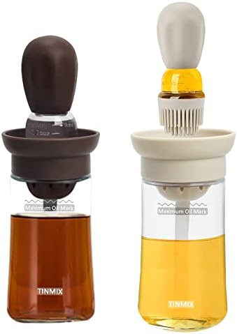 2 Pack Oil Dispenser with Brush - 2 IN 1 180ml Glass Olive Oil Dispenser Bottle with Basting Brush for Cooking Frying Kitchen, T-OB21S, Brown+Grey
