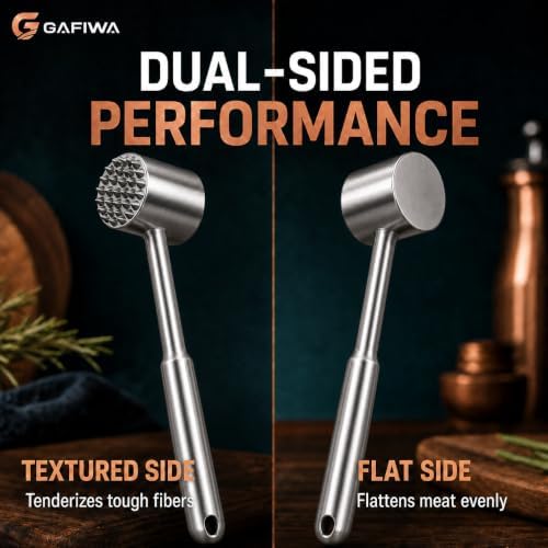 Stainless Steel Meat Tenderizer Tool, Heavy Duty Meat Mallet Hammer with Ergonomic Non-Slip Handle, Dual-Sided Meat Pounder for Steak, Chicken, Pork, Beef, Dishwasher Safe Kitchen Tool. (Steel Handle)
