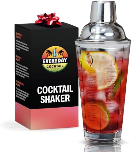 EVERYDAY COCKTAIL - Professional Glass Cocktail Shaker 14 oz, Martini Shaker with Recipes and Measurements, Built-in Strainer and Leakproof Seal, Clear Bar Tool for Margaritas, Martinis