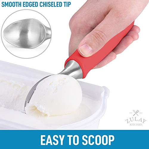 Zulay Heavy Duty Ice Cream Scoop - Stainless Steel Ice Cream Scooper With Non-Slip Rubber Grip - Durable Ice Cream Spade - Anti-Thaw Icecream Scoup For Frozen Ice Cream & Gelato (Red)
