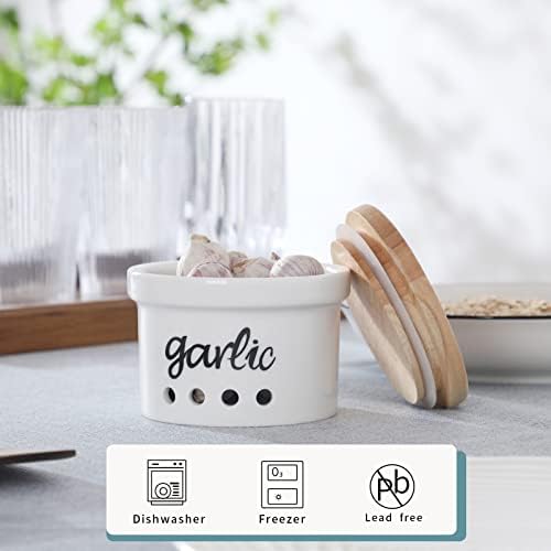 Garlic Keeper with Lid, Ceramic Garlic Saver Container for Countertop, Farmhouse Kitchen Decor