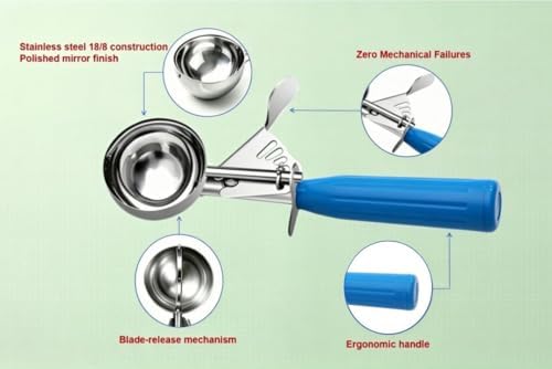 TOPKITCHEN Commercial-Grade Ice Cream Scoop 2 oz, 18/8 Stainless Steel Cookie Scoop with Plastic Handle, Portion Control Disher Scoop for Bakeries, Restaurants & Dessert Shops, #16, Blue