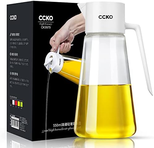 CCKO Glass Olive Oil Dispenser Bottle 19oz Olive Oil Bottle for Kitchen, Auto Flip Drip Free Cooking Oil Dispenser for Soy Sauce, Syrup, Vinegar, Salad Dressing Container (White)