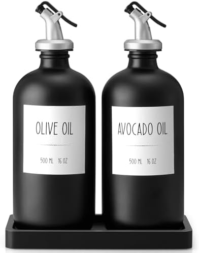 Olive Oil Dispenser Bottle for Kitchen, 16oz Glass Oil and Vinegar Cruet Set with Wood Tray & 54 Labels - Coffee Syrup Dispenser - Black Kitchen Decor and Accessories - Set of 2