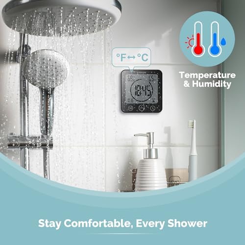 KADAMS Shower Clock Waterproof Bathroom Timer – Digital Wall Clock with Countdown, Magnetic Kitchen Clock with Temperature & Humidity, Suction Cup for Kids Shower Spa Cook Bath (Black)