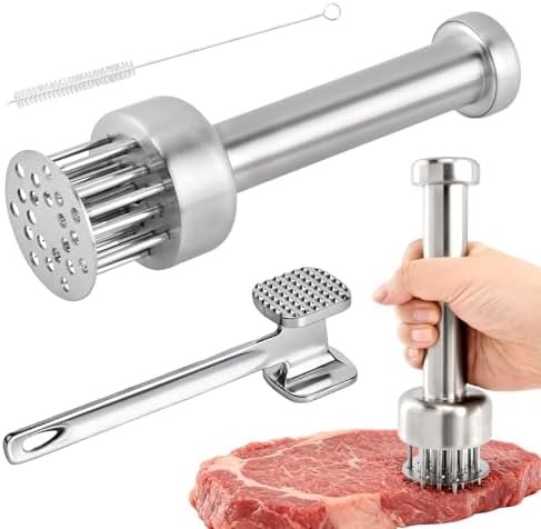 Pack of 3 Meat Tenderizer Tool with Meat Tenderizer Mallet and Cleaning brush, with 21 Needles & Retractable Safety Guard, Suitable for Tenderizing Beef, Turkey, Chicken, Steak(silver)