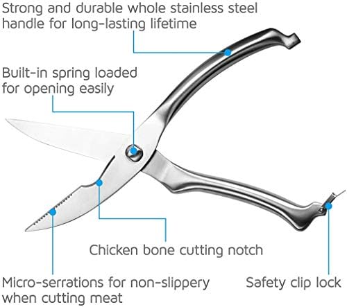 Poultry Shears, Heavy Duty Stainless Steel Kitchen Shears Premium Spring Loaded Food Scissors with Non-slip Handle and Safety Lock, for Cutting Bone, Chicken, Meat, Fish, Seafood, Vegetables