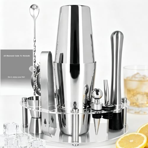 9-Piece Cocktail Shaker with Stand, 25oz Bartender Kit, Cocktail Shaker with Strainer Set, Boston Shaker Set, Bar Set Jigger for Bartending Drink Mixer Set, Cocktail Set Recipes (Silver-25/20oz)