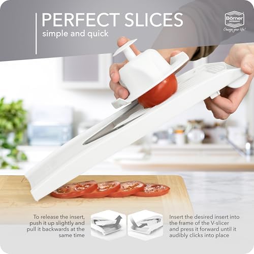 Mandoline Food Slicer Börner V1 (Profi Set) by Reston Lloyd • V-Slicer with 4 Inserts, Docking Station & Food Holder • Made in Germany • Fruit & Vegetable Chopper • Multiple Settings • Color: White