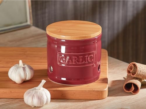 ONEMORE Garlic Keeper with Lid, Ceramic Garlic Saver 4 inch, Dark Red