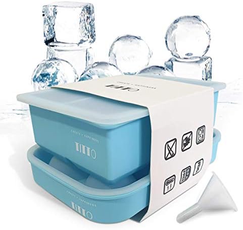 Titto Ice Cube Trays (Set of 2), Silicone Sphere Whiskey Ice Ball Maker with Lids & Large Square Ice Cube Molds for Cocktails & Bourbon - Reusable & BPA Free