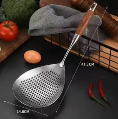Skimmer Slotted Spoon 304 Stainless Steel With Wooden Handle 16.8 inch Skimmer Spider Food Strainer Ladle Kitchen Cooking Colander for Pasta Deep Frying Scoop