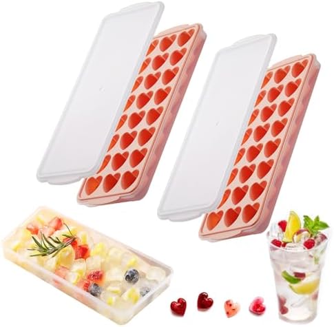 2 Pack Heart-Shaped Ice Cube Trays with lid and bin - 48 Holes Silicone Mini Heart Ice Cube Tray, BPA Free and Dishwasher Safe, Heart Shape Ice Cube Mold, Easy to Remove (2 pink with Lids & Bins)