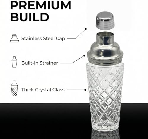 15oz Diamond-Cut Crystal Cocktail Shaker Clear Glass with Polished Stainless Steel Lid - Premium Bar Tool for Home Bartenders - Ideal for Cocktails, Mocktails, and More