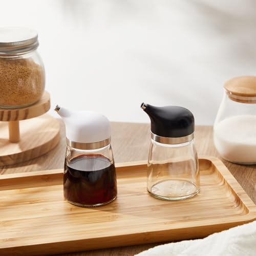 2 Pcs Cruet Dispenser Set 5 oz, White and Black Glass Soy Sauce Dispenser, Small Olive Oil and Vinegar Bottles, Soy Sauce Bottle, Non Drip Spout Cruet Bottle for Kitchen Cooking