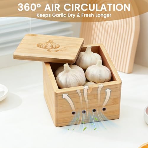 Bamboo Garlic Keeper for Counter, Large Garlic Holder Storage with Lid