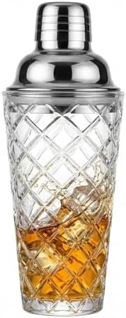 15oz Diamond-Cut Crystal Cocktail Shaker Clear Glass with Polished Stainless Steel Lid - Premium Bar Tool for Home Bartenders - Ideal for Cocktails, Mocktails, and More