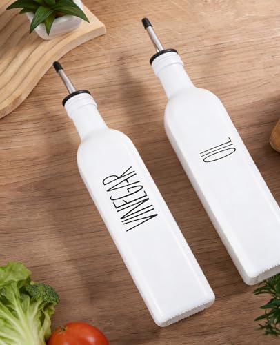 Glass Oil Dispenser for Kitchen, White Olive Oil Dispenser Bottle & Vinegar Dispenser Set, 17 oz Borosilicate Glass Cooking Oil Container, Oil Bottle with Leak-Proof Spout，