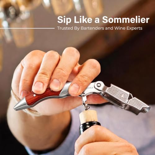 Hicoup Wine Opener - Professional Corkscrews for Wine Bottles w/Foil Cutter and Cap Remover - Manual Wine Key for Servers, Waiters, Bartenders and Home Use - Red Pearwood & Steel