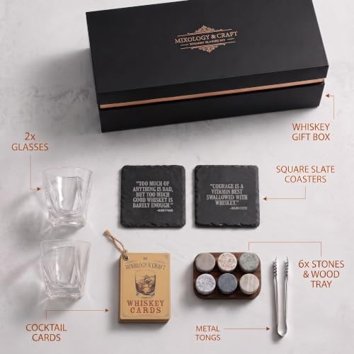 Mixology & Craft Whiskey Stones Gift Set for Men | Whiskey Glass and Stones Set with a Classy Gift Box and 6 Granite Round Whiskey Stones | Whiskey Lovers Gifts for Men, Dad, Husband, Boyfriend