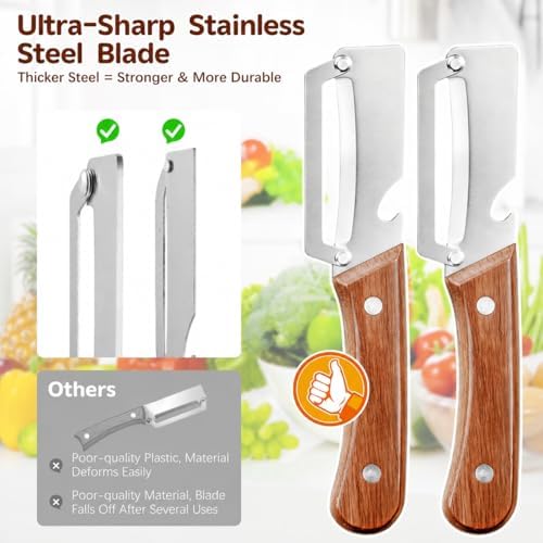 2-Pack Right-Hand Vegetable Peeler with Bottle Opener, Thickened Stainless Steel Wide Blade for Smooth Peeling, Wooden Handle Kitchen Peeler for Fruits & Vegetables