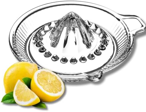 Glass Lemon Juicer, Orange, Grapefuit Manual Squeezer, Small Citrus Juicer, Extractor Manual Hand with Handle and Pour Spout, BPA Free and Lead-Free Heavyweight Crystal Clear Glass 2.02oz (Clear)