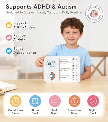 3-in-1 Visual Timer & ADHD Tool for Kids – ADHD Task Timer for Adults with Visual Schedule, Chore Chart & Planning Board for Home, School, Classroom, Work (White)