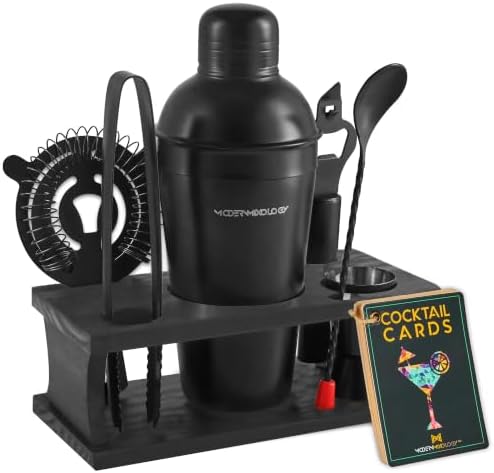 Modern Mixology Cocktail Shaker Set - Bartender Kit with Pine Stand | Leak-Proof Design | Includes Martini Shaker, Jigger, Strainer, Spoon, Tongs | Perfect Bar Tools Gift for Home Mixology (Black)