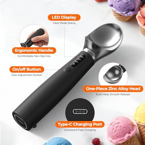 Heated Ice Cream Scoop with On/Off Switch, Electric Ice Cream Scooper for Hardened Ice Cream, Gelato, Sorbet, Melon, Waterproof IPX7, Handheld Heating Up to 160°F, Rechargeable with LED Display, Black