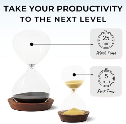 Decorative Hourglass Sand Timer Set - Includes 25 and 5 Minute Sandglass Pomodoro Timers with Wooden Bases - Time Management Productivity Tool - Gift for Home Office Desk
