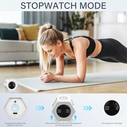 Rotating Productivity Timer 5, 25, 10 30,60 Mins Preset Stopwatch, Desk Flip ProductivityTimer, ADHD Tool Hexagon, Vibration/Mute/Alarm, for Work, Study, Back to School, Kitchen, 2 Pack White