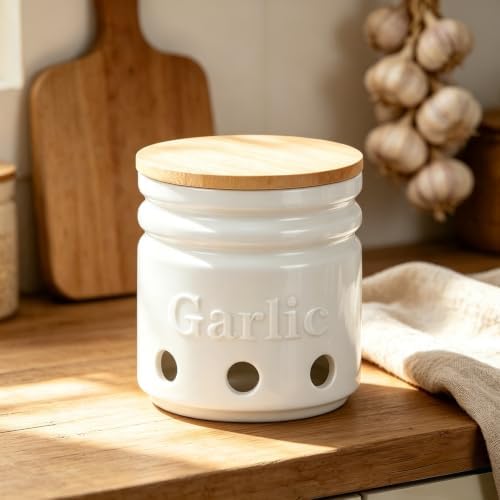 Garlic Keeper for Counter - Holder with Bamboo Lid, Container to Keep Your Garlic Cloves Fresh Longer,Large Ceramic Storage for Kitchen