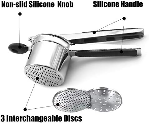 Potato Ricer Set with 3 Ricing Discs Premium Stainless Steel Fruit and Vegetable Masher for All Types of Potatoes Lump Free Potatoes, Easy to Use and Clean