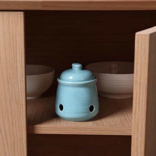 Ceramic Garlic Keeper with Lid, Mini Garlic Saver Container for Countertop, Kitchen Decor (Turquoise)
