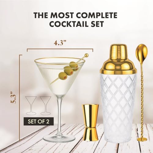 VEMACITY - Luxury Cocktail Shaker Set - Gold Glass Cocktail Shaker with Built-In Strainer + 2 Ribbed Espresso Martini Glasses with Gold Rims, Bar Spoon & Jigger | Ideal for Home Mixology