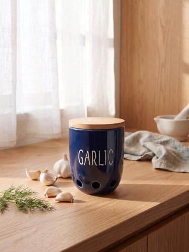 Ceramic Garlic Saver Container with Wood Lid (Navy)