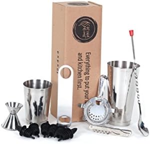 CucinaPrime 13 Piece Stainless Steel Professional Bar Set (2 Cocktail Shakers, Jigger, Speed Opener, Waiters Corkscrew, Strainer, Long Bar Spoon and 6 Black Bottle Pourers)