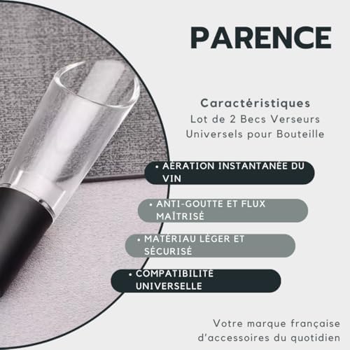 PARENCE. - Set of 2 Universal Bottle Pourers - Integrated Wine Aerator - Anti Drip Pouring Cap - Wine, Oil, Water - 9.5cm - Pack of 2