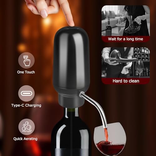 KUFUNG Smart Electric Wine Aerator Dispenser & Decanter Set Rechargeable Design with Micro USB Cable, Pump Dispenser Ideal for Pouring（BLACK）