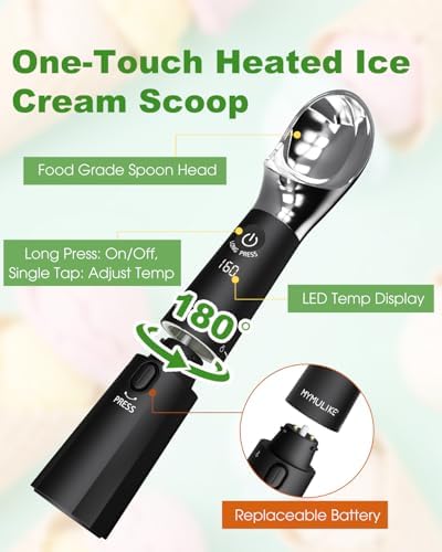 MYMULIKE Heated Ice Cream Scoop Rechargeable, Electric Ice Cream Scooper with 3 Temp Settings (120-160°F), IP67 Waterproof, 3oz Larger Icecream Scoop for Hard Gelato & Cookie Dough