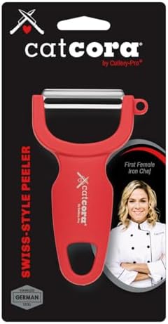 CatCora Swiss-Style Peeler, Professional German Tempered Stainless Steel Blade For Peeling Fruits and Vegetables and Garnishing, Ergonomic Contoured Handle, Red