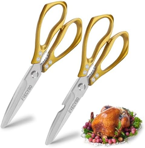 Kitchen Scissors, 2-Pack Multipurpose Kitchen Shears with Comfort Grip, Stainless Steel Cooking Scissors for Cutting Chicken, Meat, Food, Fish, Bread (Golden)