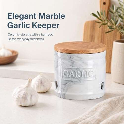 ONEMORE Garlic Keeper for Counter Ceramic Garlic Holder Countertop Storage Container with Lid - Marble Style Garlic Saver for Kitchen