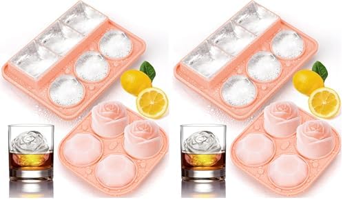 Ice Cube Tray with Lid, Silicone Ice Molds with Round, Square, Diamond, Rose, Large Ice Cube Mold for Whiskey, Bourbon, Cocktails, Easy Release BPA Free, Set of 2 (Pack of 2)
