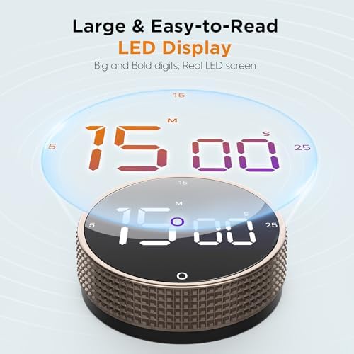 Digital Kitchen Timer - Magnetic Countdown Count Up Clock with Large LED Display, 5/15/25 Min Presets, 3 Volume Levels, Rotary Dial for Cooking, Productivity, Classroom, Fitness (1, Tarnish)