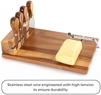 Cheese Slicer (11.7” x 9” x 3”) - Acacia Wood Board Cheese Cutter with Wire - 4 Magnetic Cheese Knife Set w/ Anti-Slip Board - Stainless Steel Cheese Slicers for Block Cheese w/ Replacement Wire