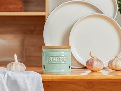 ONEMORE Garlic Keeper for Counter, Garlic Holder Countertop Storage Container, Garlic Saver Keeper with Lid, Ceramic Garlic Jar for Kitchen, Mint Green