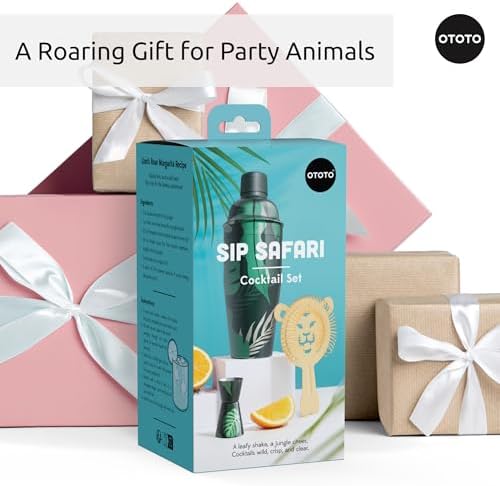 NEW OTOTO Cocktail Shaker Set - Bartender Kit with Lion Cap, Bar Cart, Bar Accessories, Drink Shaker, Cocktail Shaker with Strainer, Unique Gift Set, Kitchen Set, Kitchen Gadgets (Sip Safari)