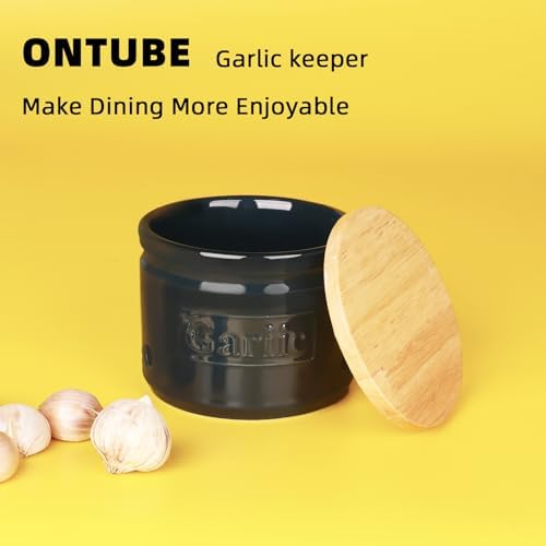 ONTUBE Ceramic Garlic Keeper with Wooden Lid 4-Inch,Garlic Holder (Navy)