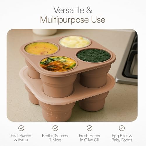 Silicone Freezer Tray with Lid - Stackable 2 oz Large Ice Cube Molds for Homemade Purees, Egg Bites, Broth Food Storage - Dishwasher Safe - CARAMEL